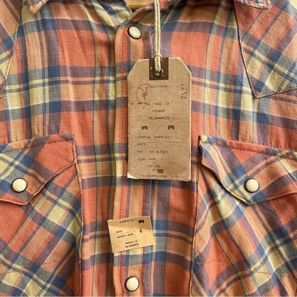 AllSaints | All Saints Township HS Shirt Coral Base Check Button Down Shirt - Picture 3 of 6